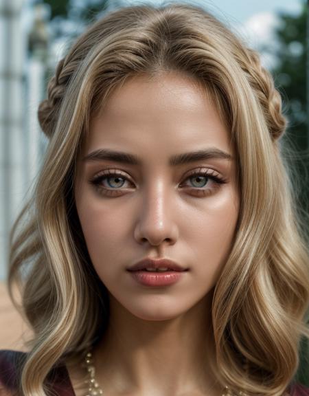 fcHeatPortrait, 16k resolution, a woman of the Sinhalese race, medium blonde curly hair hairstyle, amber, cherry metallic lipstick, lip liner, cylindrical, large breasts, beaded, floating pagoda, Close-up, whole-body, negative space, shot using a Canon EOS RP Mirrorless Camera with a 135mm, Æ/1.4, 85mm - 135mm, ISO 800, halftone, <lora:add_detail:0.5>, <lora:detailed_eye:0.8>, <lora:hairdetailer:0.75>