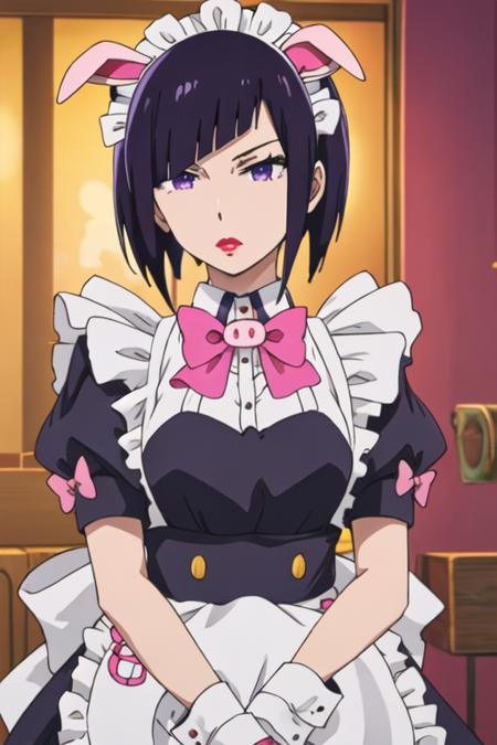 best quality, masterpiece, highres, solo, {mannen_ranko_akibameidosensou:1.15}, short_hair, purple_eyes, black_hair, maid_headdress, maid, bow, bangs, animal_ears, purple_hair, pink_bow, apron, lipstick, pig_ears, fake_animal_ears, 1girl, maid_apron, from_behind, wrist_cuffs