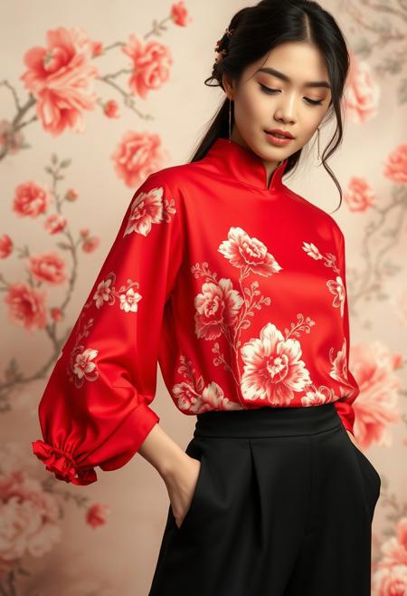 chinese red blouse, in the style of dreamy and romantic compositions, floral explosions
