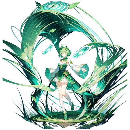 <lora:GachaSplashVFairY:0.6>,(white background:1.5), wide view, wide angle, 1girl, solo, breasts, short hair, full body, green circle, fairy, fantasy, magic, green leafs, dome, standing on surface,