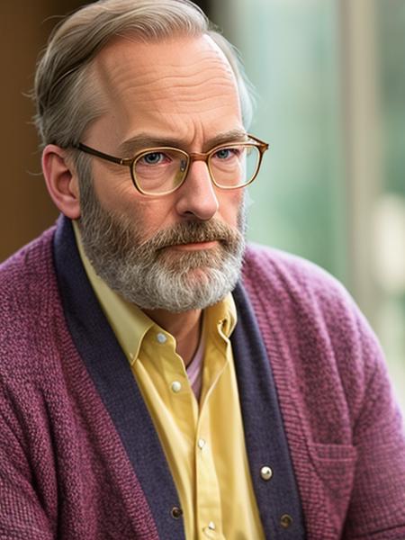 photo of (LuckyHank:0.99), a bearded man wearing glasses, wearing a pink cardigan, with a yellow blouse, with a pearl necklace,  detailed face, realistic skin, high quality, (brown eyes:1.1), Leica 50mm, f1. 4, natural light, grainy, (high detailed skin:1.2)