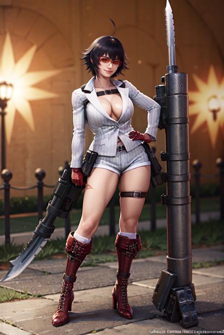 (masterpiece, best quality:1.2), lady, dmc, dmc4, white striped suit, 1girl, solo, heterochromia, red eyes, blue eyes, black hair, smile, tinted eyewear, striped, shorts, thighs, weapon, red gloves, huge weapon, cleavage, large breasts, rocket launcher, scar,  gun, <lora:LADY-15:0.8>