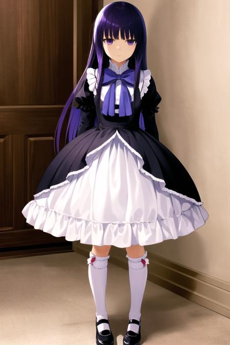 frederica bernkastel, purple eyes, purple hair, long hair purple bow, dress, frills, white kneehighs,  kneehighs bow, mary janes,  cat tail tail ornament empty eyes. expressionless