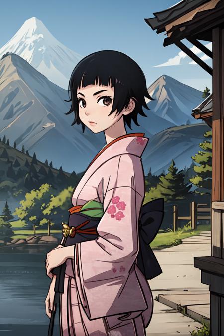 (masterpiece:1.2), ultra detailed, <lora:MatoiTsunetsuki:0.75>, Matoi, kimono, hakama, japanese castle, close, outside, persistent stare, mountains, best quality, looking at the viewer