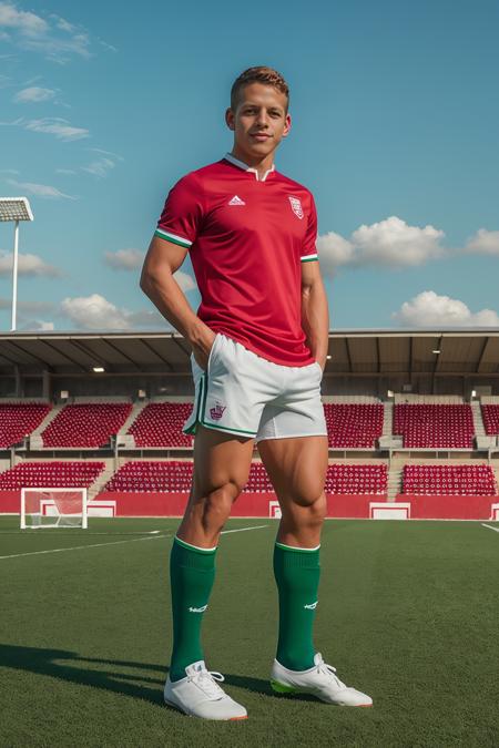 (on a soccer field), muscular ZacDeHaan, slight smile, wearing (red jersey), wearing (white shorts), wearing (green socks), sneakers, masterpiece, (((full body portrait))), wide angle, <lora:ZacDeHaan:0.8>