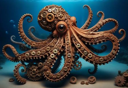 masterpiece, best quality, absurdres, year 2023, octopus made of gears, underwater