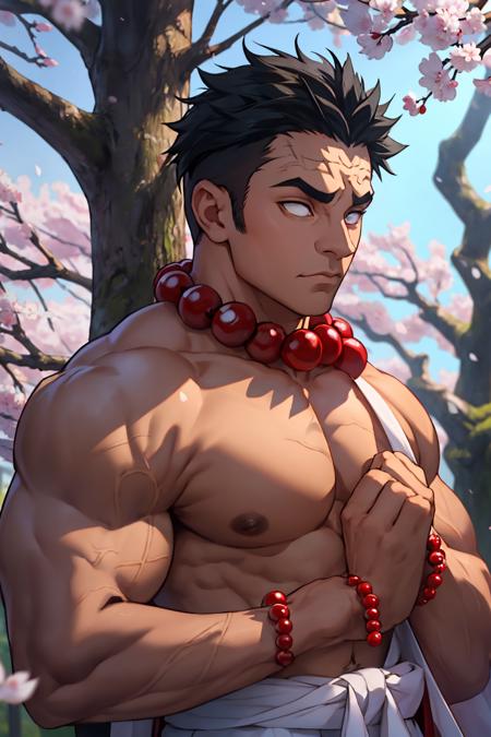 Gyomei Mature Male Black Hair (no eyes, white pupils, white eyes, blind) red Buddha beads around neck black and white Demon Slayer uniform Olive Green Haori/ Happi horizontal scar on forehead