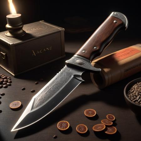 professional 3d model octane render, insane details, Loathsome knife design, shallow depth of field, Movie still, Joyful, Film Washi, arcane, underpainting, art by Aliza Razell,art by Norman Rockwell, product showcase <lora:Knife-FFusion-LoRA-FA:1> . octane render, highly detailed, volumetric, dramatic lighting