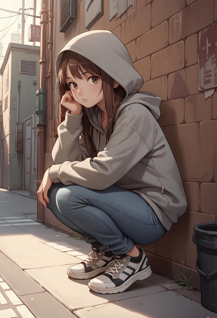 score_9, score_8_up, score_7_up, score_6_up, source_anime, 1girl, solo, brown hair, long hair, brown eyes, grey hoodie, hood up, jeans, squatting, sneakers, alleyway, amazed