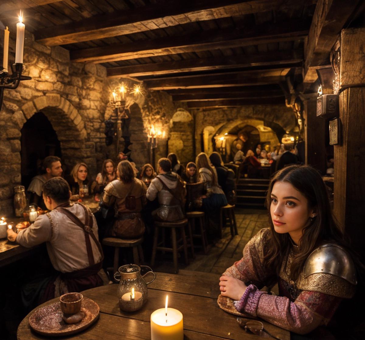 A Medieval Themed Restaurant with People Dining and a Woman in a Knight's Outfit Sitting at a Table
