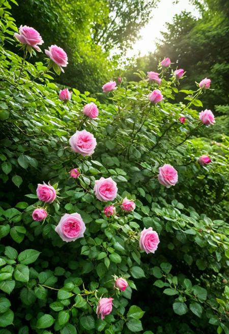 Dark pink roses blooming on lush green trees, captured in high resolution, soft sunlight filtering through the leaves, sharp details, vibrant colors, serene atmosphere