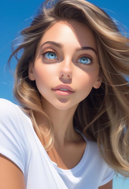 closeup portrait of a stunning lady, neutral expresson, white t-shirt, expressive eyes, sky blue background.
lidzia