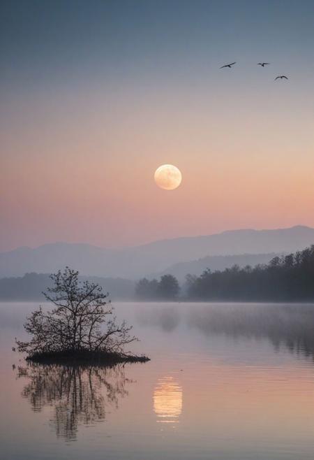 A minimalist scene of a pair of migrated birds gliding across a misty lake at night, an ethereal, surreal landscape with distant mountains afar.  moonlight on the water, colors of different shades in the sky, soft mist, calm water, serene, timeless atmosphere. Low angle, depth of field moon behind the clouds, The color grading should emphasize the gentle grays of the mist and water, contrasted with the migrated birds enhancing the peaceful and minimalist quality of the image. Shot on a Fujifilm GFX 100S with a Fujinon GF 110mm f/2 R LM WR lens by Marta Bevacqua., trees in closeup, flowers in the foreground, red blue orange hues at horizon.
