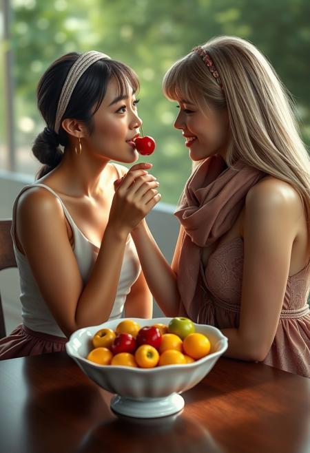 real life realistic, two beautiful women at a table, bowl of fruit between them, women looking in each other's eyes lovingly as one offers a cherry to the open mouth of the other woman.  One  hand is on the cheek of the other woman. one Asian, one blonde Swede. one small breasts, one large breasts. one sleeveless blouse and skirt, one sundress. one headband, one scarf. one bangs, one long hair.
score_9, score_8_up, very detailed, detailed eyes,  high detailed texture, realistic, photorealistic, perfect eyes, real life realistic, Expressiveh, Stable_Yogis_PDXL_Positives, midjourneylora, detailed background, dynamic angle, volumetric lighting, godrays, beautiful, small breasts, green eyes,
