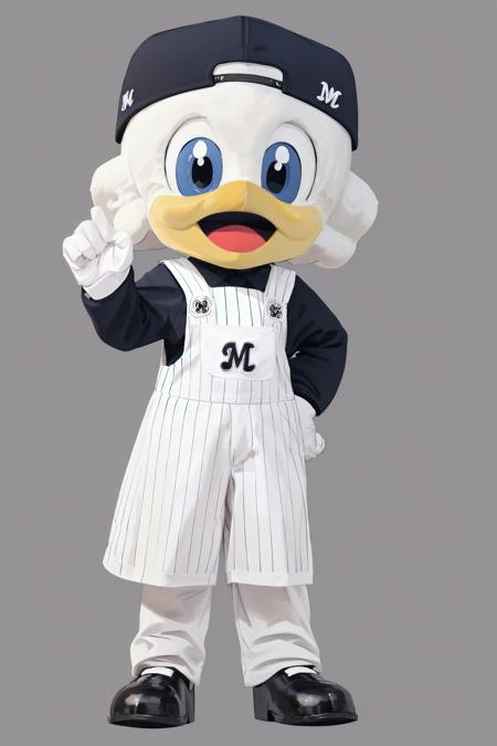 zu-chan, baseball cap, mascot, male focus, 1boy, blue eyes, open mouth, sportswear, backwards hat, full body, overalls