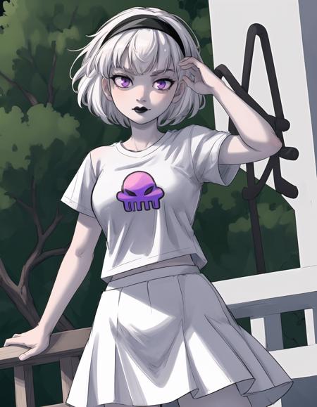 best quality, afterglow, 4k, ((masterpiece)), extremely detailed, 8k, trending on ArtStation, Intricate, High Detail, Sharp focus, rolalstart <lora:rolalstart:1>,symbol on shirt,1girl,solo,purple eyes,short hair,skirt,simple background,shirt,hairband,lipstick,white shirt,t-shirt, white hair,black lips, <lora:more_details:0.5>, white skin, white skirt,cowboy shot, chubby, outdoors