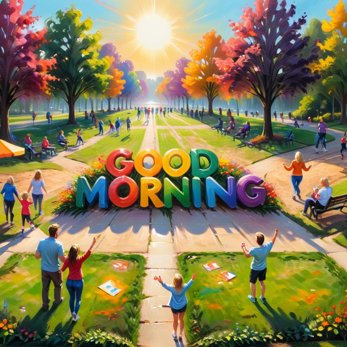 A painting of a park scene with "Good Morning" on a sign.