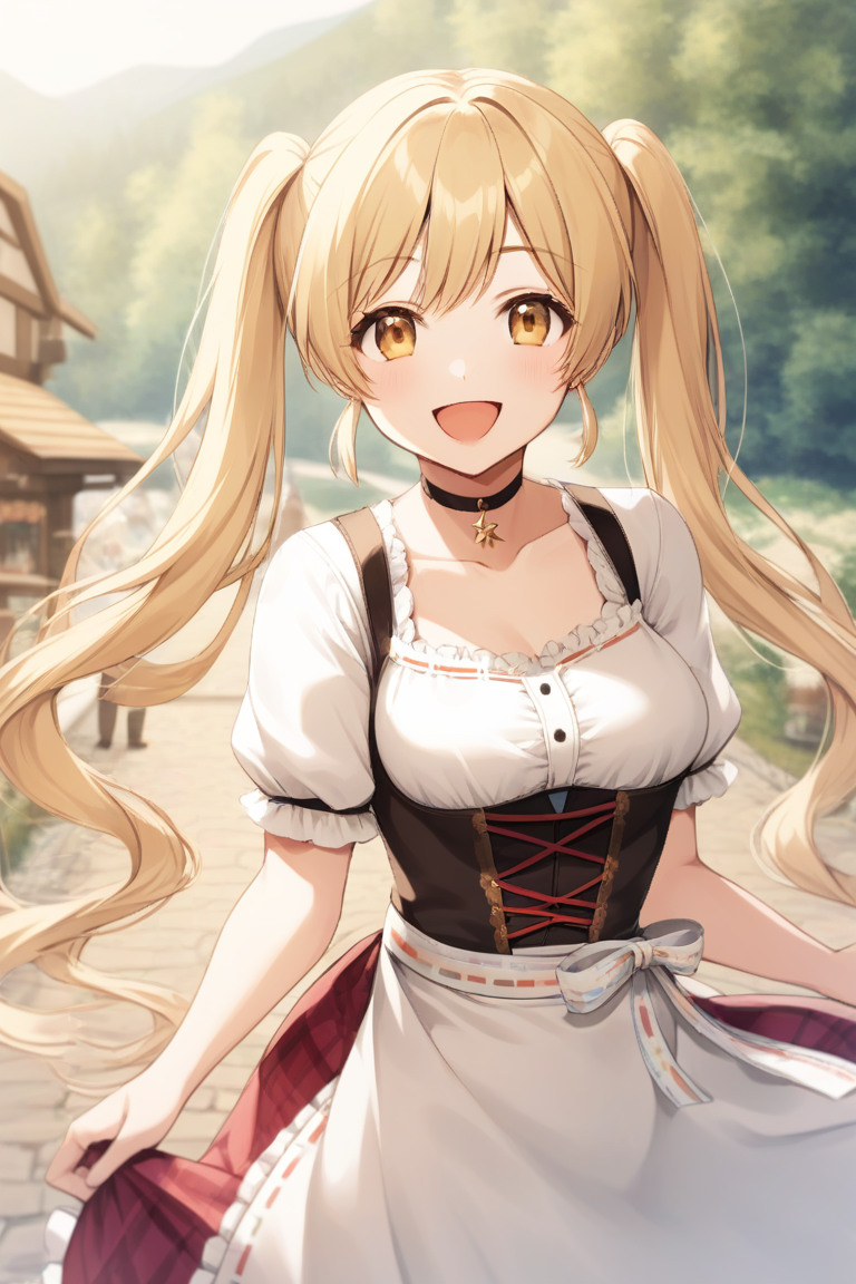 dirndl,  blonde hair,  :d,  long hair,  smile,  jewelry,  outdoors,  white shirt,  choker,  closed mouth,  twintails,<lora...