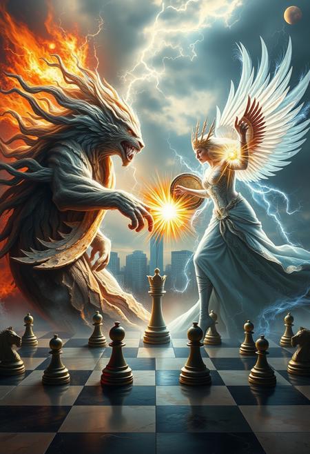 An epic digital painting depicting a clash between a monumental elemental figure and a radiant queen on a grand chessboard. The elemental figure on the left is a colossal entity of nature, a swirling fusion of wind, rock, and lightning. It represents the untamed power of the natural world. Facing this force is the queen on the right, a deity of light and divine energy, with wings outstretched and clad in armor that radiates with intense brightness. The two are locked in a spectacular duel, their powers meeting in the center with a furious exchange of elemental might and pure energy. The chessboard stretches out below them, with the pieces caught in the midst of this cosmic battle. In the background, the city skyline stands against a dramatic sky that roils with the energy of their confrontation.