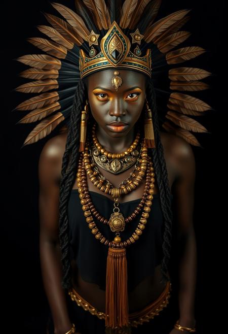 full shot, standing pose,  front view of a Beautiful african warrior queen, tribal armour,feathers, tribal necklaces, tribal sandals, black skin, golden makeup, sensual, erotic, sensual lips, flirty look on face, black clothes, Low saturation color photography, vintage, grunge, top light, masterful piece in the style of Oleg Dou photography, black background