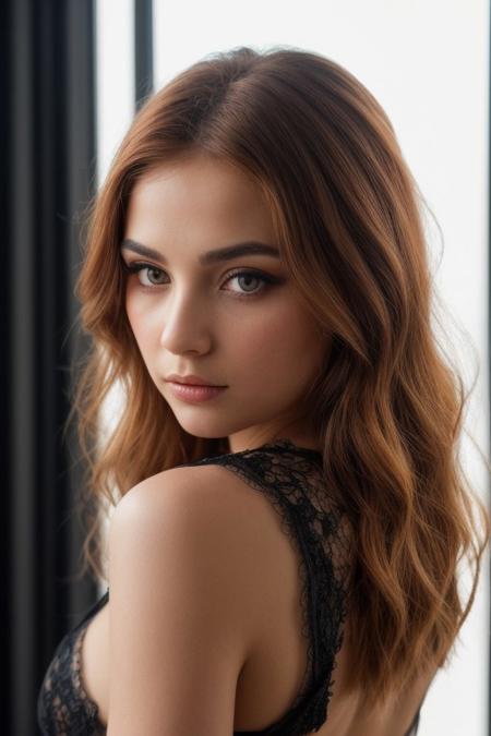 red hair, (Upper body photo:1.2). Beautiful female. Long strawberry reddish blonde hair, Wearing a black lace cat suit, full body in image, Detailed eyes framed by long, perfect eyelashes. Her eyebrows are perfectly arched and delicate, adding grace to her gaze. Elegant eyeliner. Light make-up. Detailed face. Soft features. Sensual. Photorealistic, Natural atmospheric lighting, intricate details, 35mm photograph, film, professional, 4k visuals, highly detailed, elegant, studio quality.
