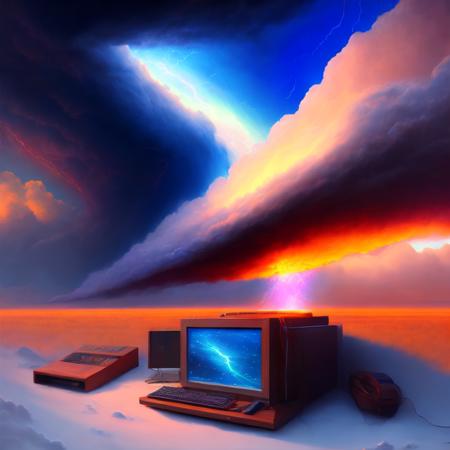 (weathercontrol:1) a painting of a computer with a storm in the background <lora:djzWeatherControlV21_LoraBooth:1>