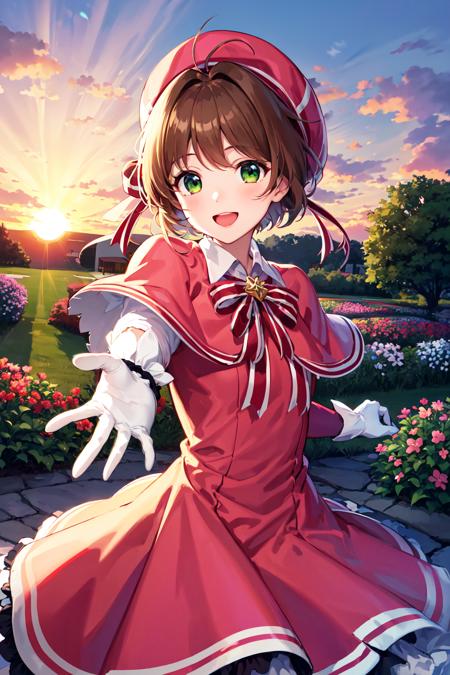 masterpiece, best quality, highres, kinomoto sakura, 1girl, brown hair, short hair, antenna hair, pink headwear, green eyes, capelet, pink dress, striped ribbon, long sleeves, white gloves, <lora:kinomoto_sakura_v1:0.7>, reaching out, smile, open mouth, garden, flower, sunset