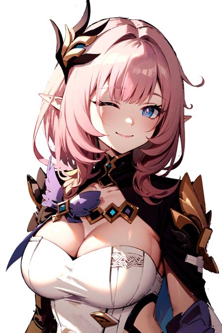 (Realistic painting style:0.9), masterpiece, best quality,  absurdres, elysia (miss pink elf) (honkai impact), slit pupils, elysia (honkai impact), elf, pointy ears, pink hair, 1girl, breasts, solo, one eye closed, cleavage, blue eyes, white background, smile, bangs, simple background, long hair, closed mouth, looking at viewer, heart, hair ornament, upper body, long sleeves, large breasts, pink pupils<lora:elysia_1024_Lion_dim128_kohyaLoRA_fp32_1e-1noise_token2_24-3-2023:1>