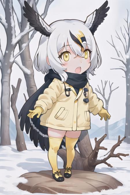 masterpiece, best quality, <lyco:KemonoFriends:1>,yoshizaki,1girl,white hair,black hair, bird tail,head wings,(white coat),yellow eyes,((yellow sweater)),yelllow scarf,yellow gloves,thighhighs,open mouth, outdoors,snowing, tree,chibi,stone,