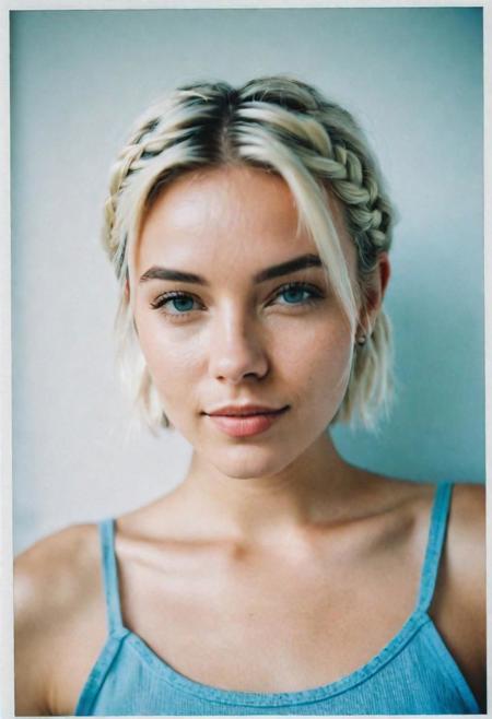 polaroid photograph Color i-Type Film, portrait, 1 girl, blonde, short hair with small braids, perfect eyes, pointed jaw, sky blue cropped tank top, white wall in the background, natural light.