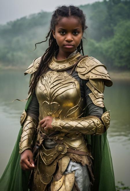 Close Up shot of  Tiana as a little warrior princess, she IS a very young girl, beautiful, golden steel armour, green dirt gown, wind, at night, fog, mist, lake at the background, National Geographic photography awarded masterpiece