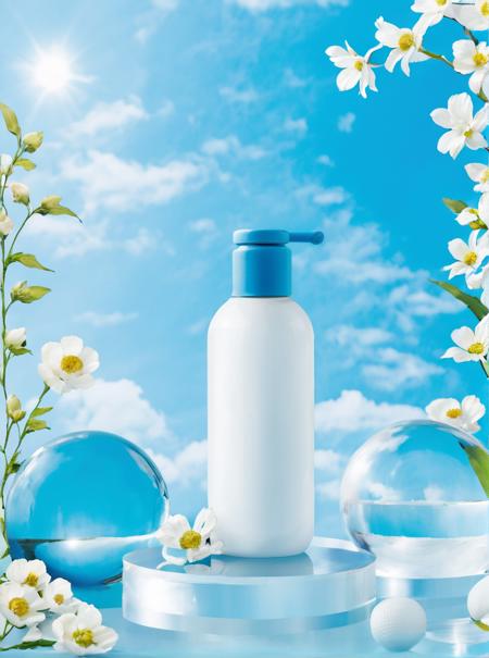 dianshang, BOTTLE, Blue sky , flowers , sphere, blue countertop ,outdoor,