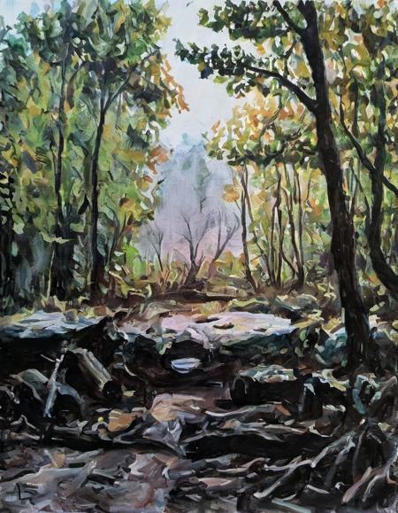 oil on canvas, landscape of a (Broadleaf Forest:1.2) from inside of a Doghouse, lava pit, Thunderstorm, Peaceful, Street Art, specular lighting, Cinestill, <lora:OIL_ON_CANVAS_v3:1>