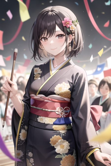 <lora:ShinonomeEna-09:0.6>,shinonome ena, 1girl, solo, looking at viewer, smile, short hair, brown hair, black hair, hair ornament, long sleeves, holding, brown eyes, closed mouth, flower, japanese clothes, hair flower, wide sleeves, kimono, sash, obi, floral print, tabi, print kimono, confetti, black kimono, paintbrush, calligraphy brush