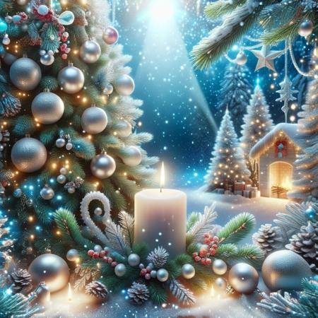 Light blue Christmas candle located on one side of the image. Background with Christmas pine branches, colorful lights. Back ground Large Christmas tree, with bright silver and light blue and multicolored garlands. Background from light blue to silver light scale. 3D rendering, fashion, cute, fantasy art, high definition, ultra-real, Christmas style.