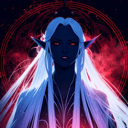 `(1 female, adult, dark elf), white, long hair tied back, crimson eyes, dressed in ceremonial robes, in the middle of an arcane ritual, surrounded by swirling shadows, eldritch symbols glowing in the air around him, realistic, fantasy setting, high resolution, detailed, color <lora:DarkElf_V3:1>`