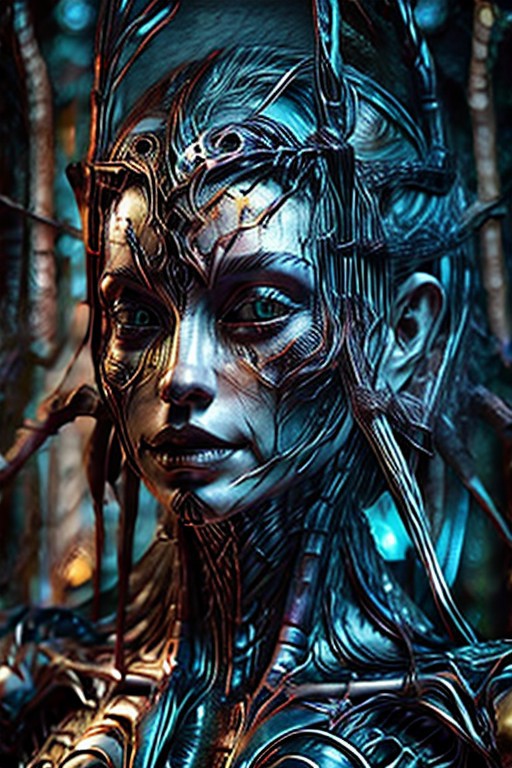 "A surreal feminine humanoid AI floating in a dreamscape of shifting clouds and ethereal colors. Her body is semi-translucent, made of swirling galaxies and light particles, with fragments of glowing data orbiting around her. Her eyes reflect the vastness of the universe, and she reaches out, creating stars with her fingertips. Art style: abstract and surreal, with fluid transitions between light, color, and texture."