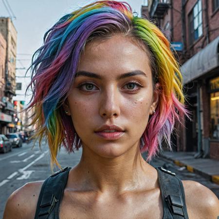 epic realistic, DV_Karah_Vicious, cyberpunk lanscape, ultra realistic, cinematic lighting, ultra detailed, detailed gorgeous face, beautiful girl, olive skin, medium length rainbow hair, simetric face, good anatomy, deusamelada, (Masterpiece:1. 3), (best quality:1. 3), <lora:add_detail:0. 4> <lora:epi_noiseoffset2:0. 4> <lora:hairdetailer:0. 6> <lora:more_details:0. 3> <lora:add-detail-xl:1. 2> <lora:DetailedEyes_V3:1. 2> <lora:sd_xl_offset_example-lora_1. 0:1. 2>, (natural skin texture, hyperrealism, soft light, muted colors), background, rutkowski, rim light