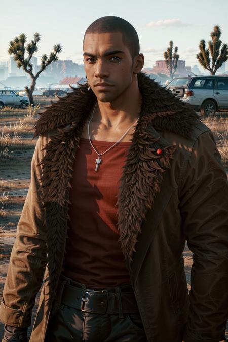 RiverCyber, 1boy, male focus, solo, bald, jewelry, realistic, tree, belt, outdoors, necklace, red shirt, shirt, jacket, dark-skinned male, fur trim, dark skin
<lora:epi_noiseoffset2:1>,   <lora:RiverCyber:0.7>