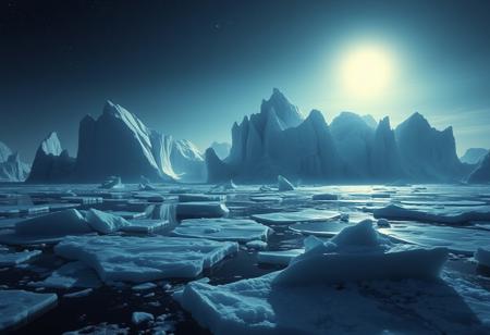 A frozen ocean world where colossal icebergs glow from within, illuminated by a distant dwarf star, masterpiece