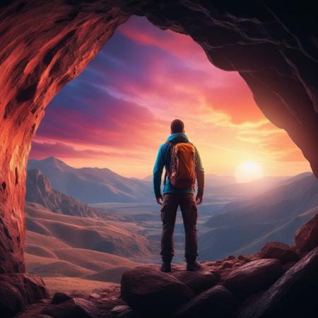photograph Dramatic View of Adventurous Man standing inside a rocky and rugged cave looking over the Mountain Landscape. 3d Rendering. Colorful Sunrise Sky. Adventure Concept Artwork