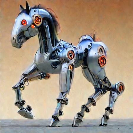 Horse, 4 legs, non-humanoid robot, no humans, solo, full body, metallic finish, glowing orange eyes, intricate mechanical joints and components, smooth and polished surfaces, futuristic design with visible gears and circuitry, standing in a dynamic pose with one leg slightly raised, reflecting advanced technology and craftsmanship, cybernetic appearance with strong and elegant proportions, metallic textures contrasted by glowing orange elements, shadows and reflections on a neutral background, showcasing the power and grace of this robotic equine <lora:Robots:2>  realistic, robot joints,