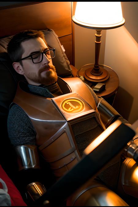 RAW photo, gordon_freeman sleeping, best quality, high quality, masterpiece, warm light,  <lora:GordonFreeman:1>