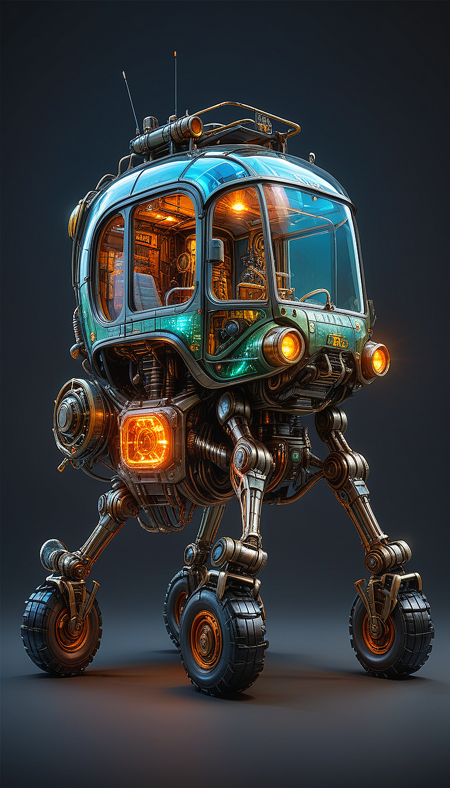 (in ARTIST style:1.4), (masterpiece:1.7), properly positioned, straight, glow neon,
View of buggy legged vehicle (science fiction texture, science fiction skin, someplastic, , dark background, dark background, english text, emblem, cable, retro, old style, device, wearable item (transparent:2), transparent skin, transparent texture, mecha, multi legged vehicle,transparent glass paint, mecha),
(masterpiece:1.8), (highest detailed:1.8), perfectly lighted, (contrast), (saturated), (((sharp focus))),
(hyperdetailed:1.3), (intricate details:1.2), (Refined details:1.3), (best quality:1.5), highly detailed textures, vibrant colors,
(ultra sharp focus:1.8), (detailed skin:1.8), (detailed edges:1.8), (thin lines:1.8), (best quality:1.8),
<lora:Apparatus_-_Traction_City_Walkers_Vehicles:0.7>,