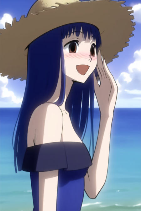 masterpiece, best quality, ZashikiW, 1girl, solo, blue hair, brown eyes, standing,  long hair, smile, long dress, black dress, bare shoulders, upper body, straw hat, hand on head, open mouth, from side, blush, beach