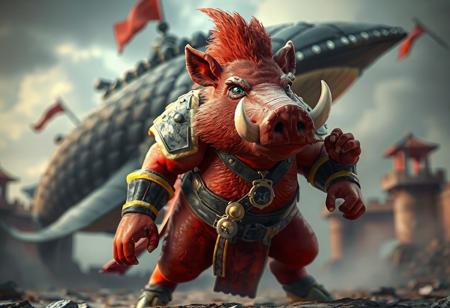 "Depict a formidable Boar Soldier in a vibrant red palette, poised for action against a Fortress Whale backdrop. The Boar Soldier's body is adorned with contrasting yellow and black accents, and it is positioned in the center of the image, with a turned head and a ready stance. should showcase exceptional quality, intricate details, harmonious colors, and a captivating lighting setup. Convey a powerful message, joyful impact, and beautiful detailed eyes, aiming for a well-timed moment, impeccable composition, and dynamic action pose. Intend for this artwork to trend on ArtStation and CGSociety, highlighting the artist's skill in handcrafted precision, sharp lines, brush strokes, and vivid emotions,4k."