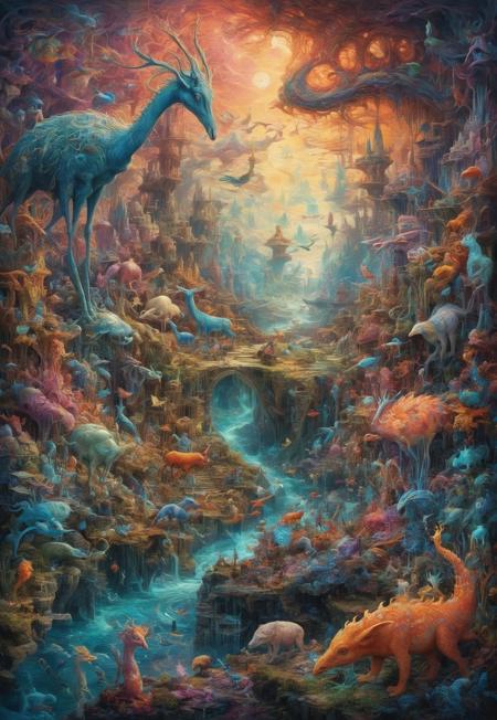 surreal landscape, fantastical creatures, vivid colors, intricate patterns, futurism, classical art, harmonious coexistence, emotional resonance, storytelling, otherworldly, balance, chaos, order, reality, fantasy, breathtaking, unique masterpiece, high detail, imaginative, dreamlike, ethereal atmosphere, luminous, awe-inspiring, timeless beauty