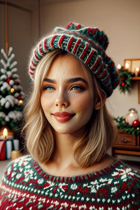 christmassweater, Masterpiece, 1female, detailed, realistic photo, portrait, face focus, close up, European, female, red lips, gentle smile, 28 years old, realistic high detailed face, natural eyes, anatomic correct bodies, lots of detail, colorful, hdr, strong, mature female, beautiful, dull_natural_skin, skin texture style, detailed skin pore, detailed skin, realistic skin, cinematic, elegant, hyperrealistic, hyperrealism, Christmas sweater, colorful sweater, living room, Christmas tree, Christmas decorations, Christmas, hands hidden, hands out of view, bangs, falkems, makeup, hat, lipstick, garrison cap.