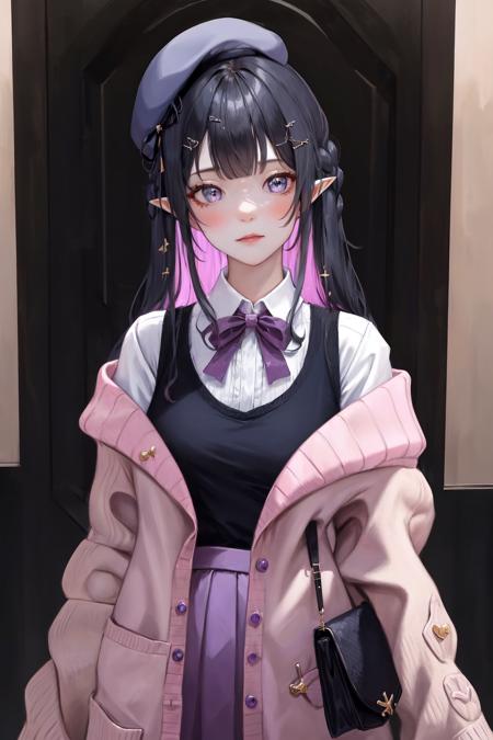 masterpiece, best quality, highres, 1girl hair ornament beret pointy ears, vest bow cardigan pink jacket off shoulder purple skirt white shirt <lora:sora_orbit:1> looking at viewer