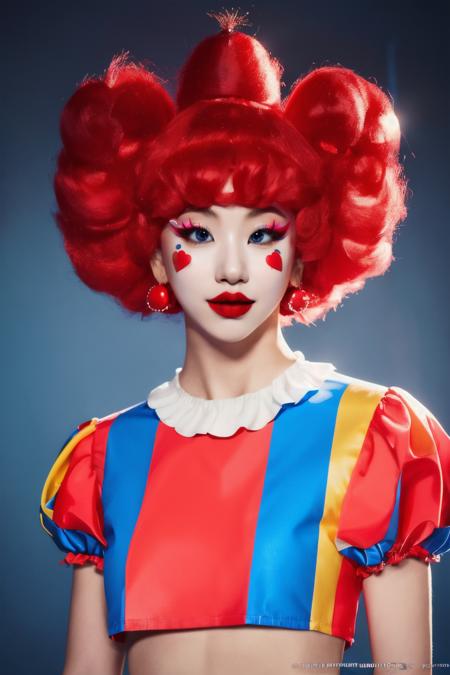 <lora:Chaeyoung_BRA:1>, (a picture of Chaeyoung, clown outfit, clown makeup, red afro wig), (detailed lighting, extremely detailed skin, extremely detailed hair, shadows, 8k), looking at viewer, (High Key Lighting), masterpiece, top quality, best quality, official art, unity 8k wallpaper, highres, ultra-high res, ultra-detailed, beautiful and aesthetic